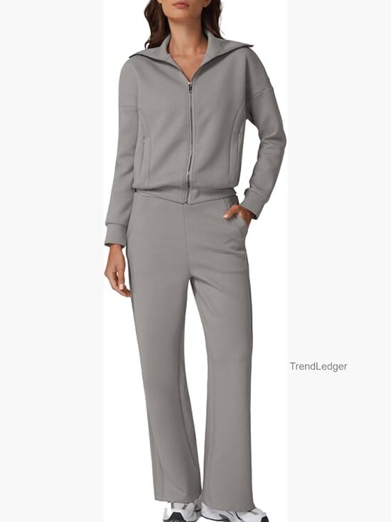 Pants - Women's 2 Piece Tracksuit Set Long Sleeve Zip Up Sweatshirt Wide Leg Pants